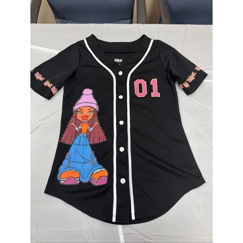 Bratz Black Short Sleeve Button Up Baseball Jersey Shirt Large